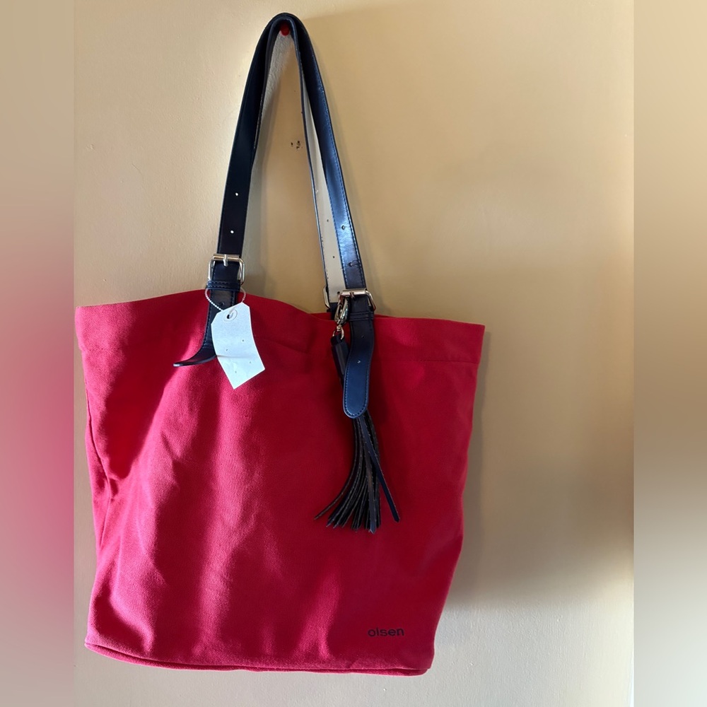 Olsen Europe Red Canvas Tote Bag with Blue Straps - Picture 12 of 14